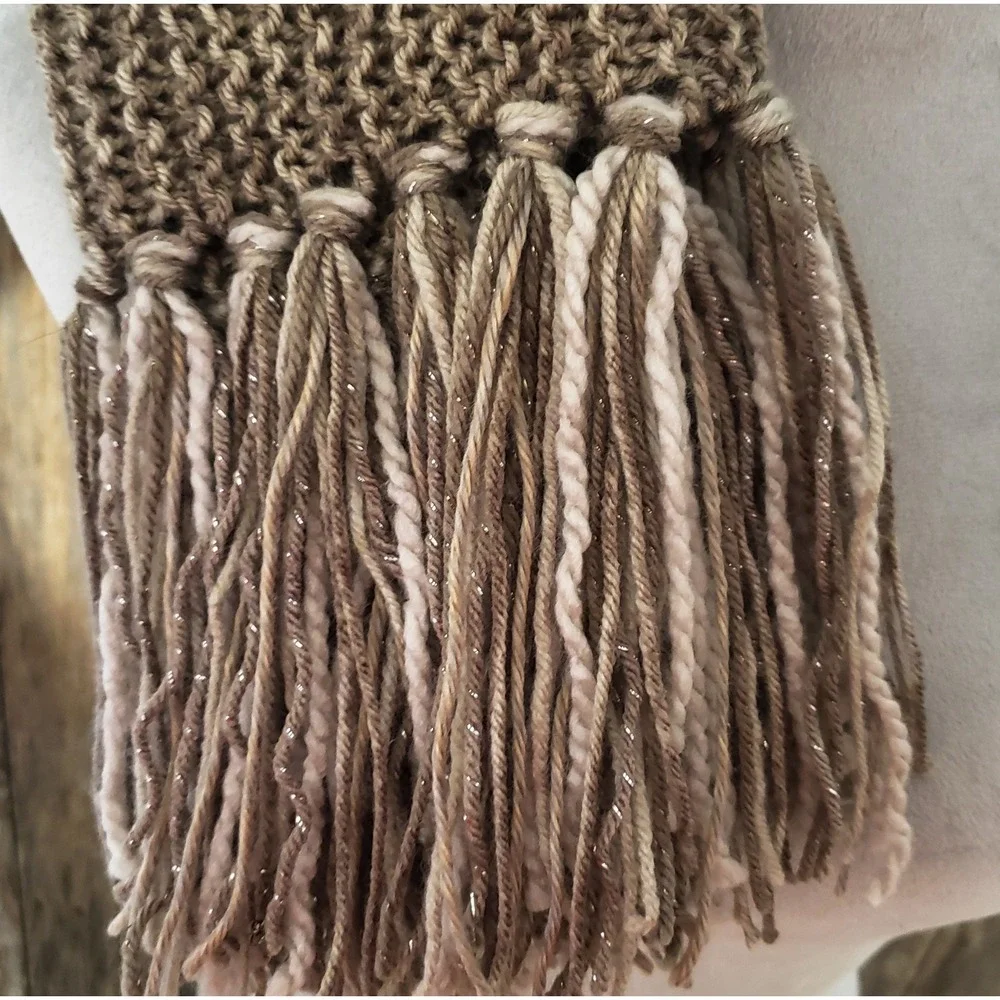 NEW Hand Knitted Taupe Boho Cowl Scarf Fringe Cottage Earthy Artsy Cottage Indie